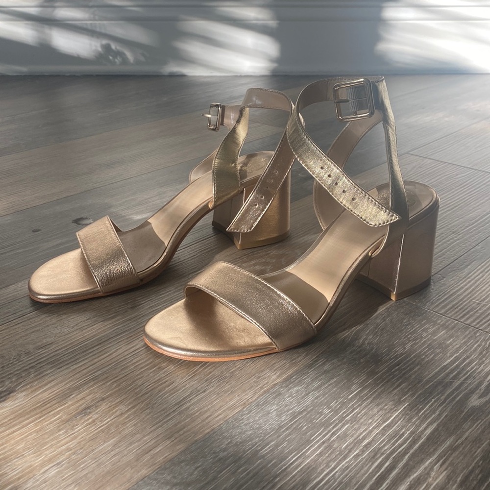 Metallic Gold Block Heel Sandals with Ankle Strap